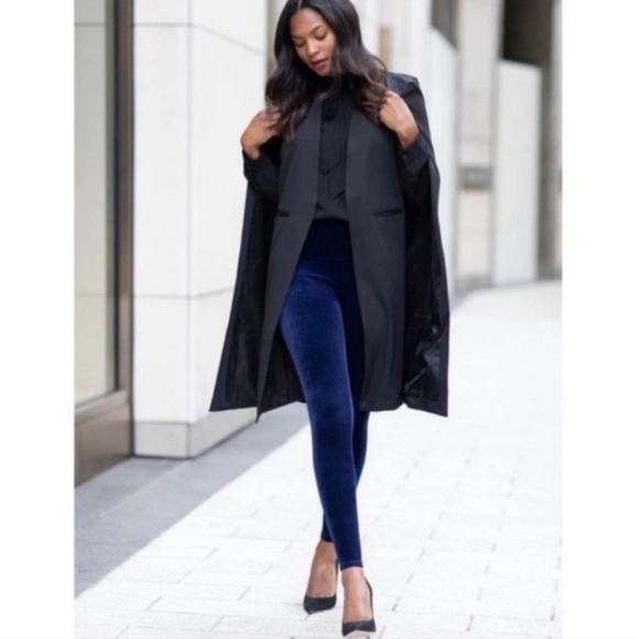 Spanx Midnight Velvet Leggings Power Waistband Ankle Length Shape Wear Blue L - Picture 3 of 8